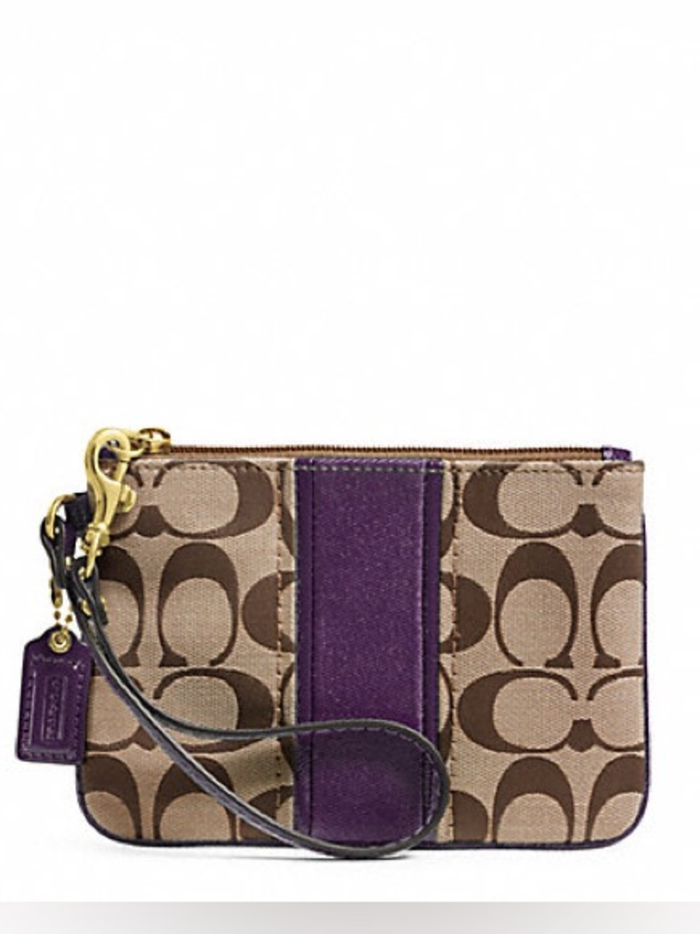 Coach Corner Zip Signature Wristlet Wallet With Purple Accents
